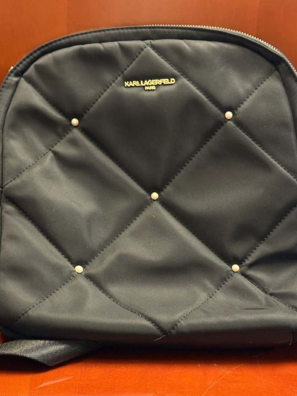 Karl Lagerfeld Paris Black Quilted Nylon Pearl Embellished Backpack